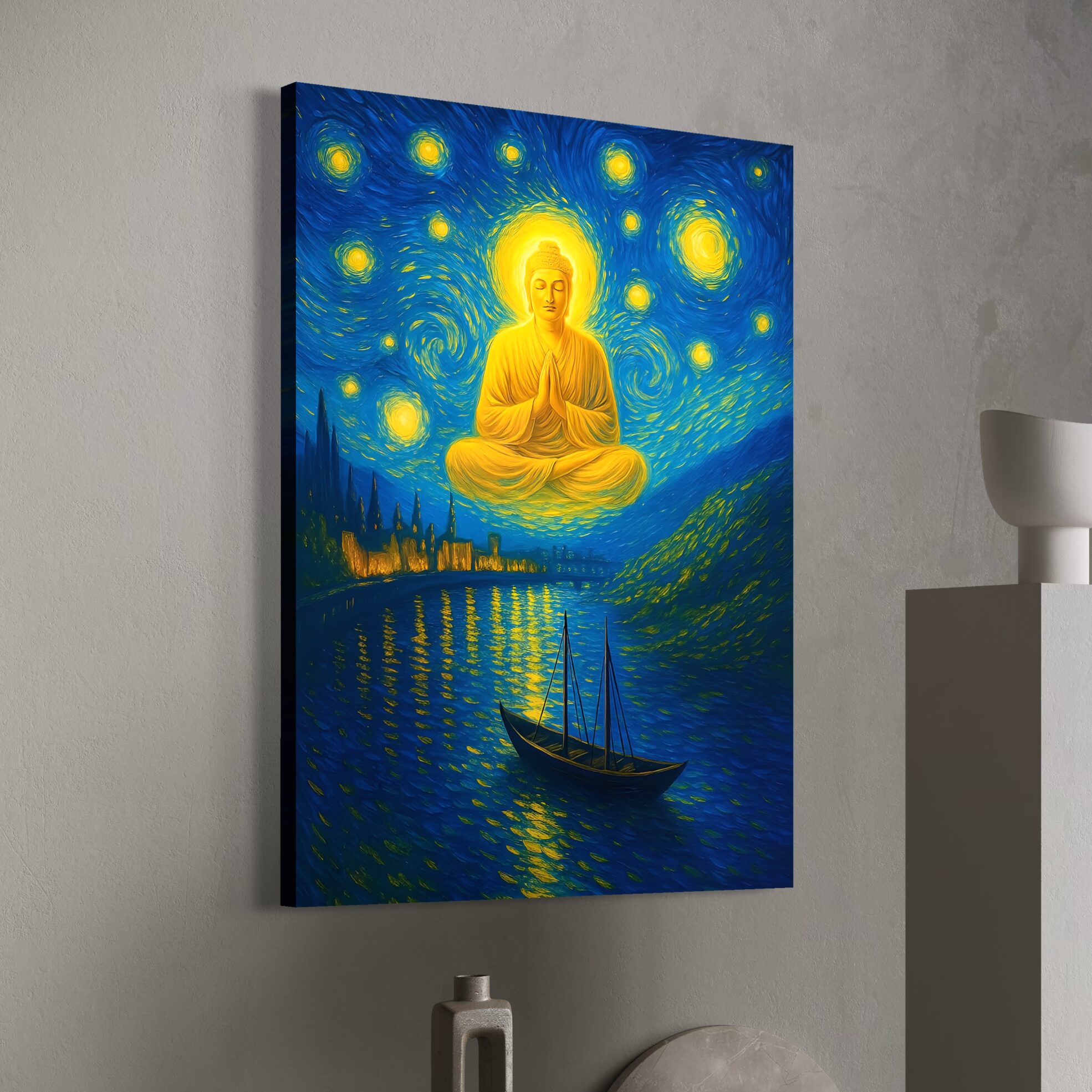 Tableau Éveil Céleste – Bouddha Zen et Nuit Étoilée Tableau Éveil Céleste avec Bouddha en méditation sous un ciel étoilé dans une décoration intérieure zen et contemporaine