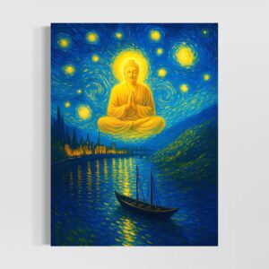 Accueil Tableau Éveil Céleste représentant un Bouddha en méditation sous un ciel étoilé inspiré de la Nuit Étoilée