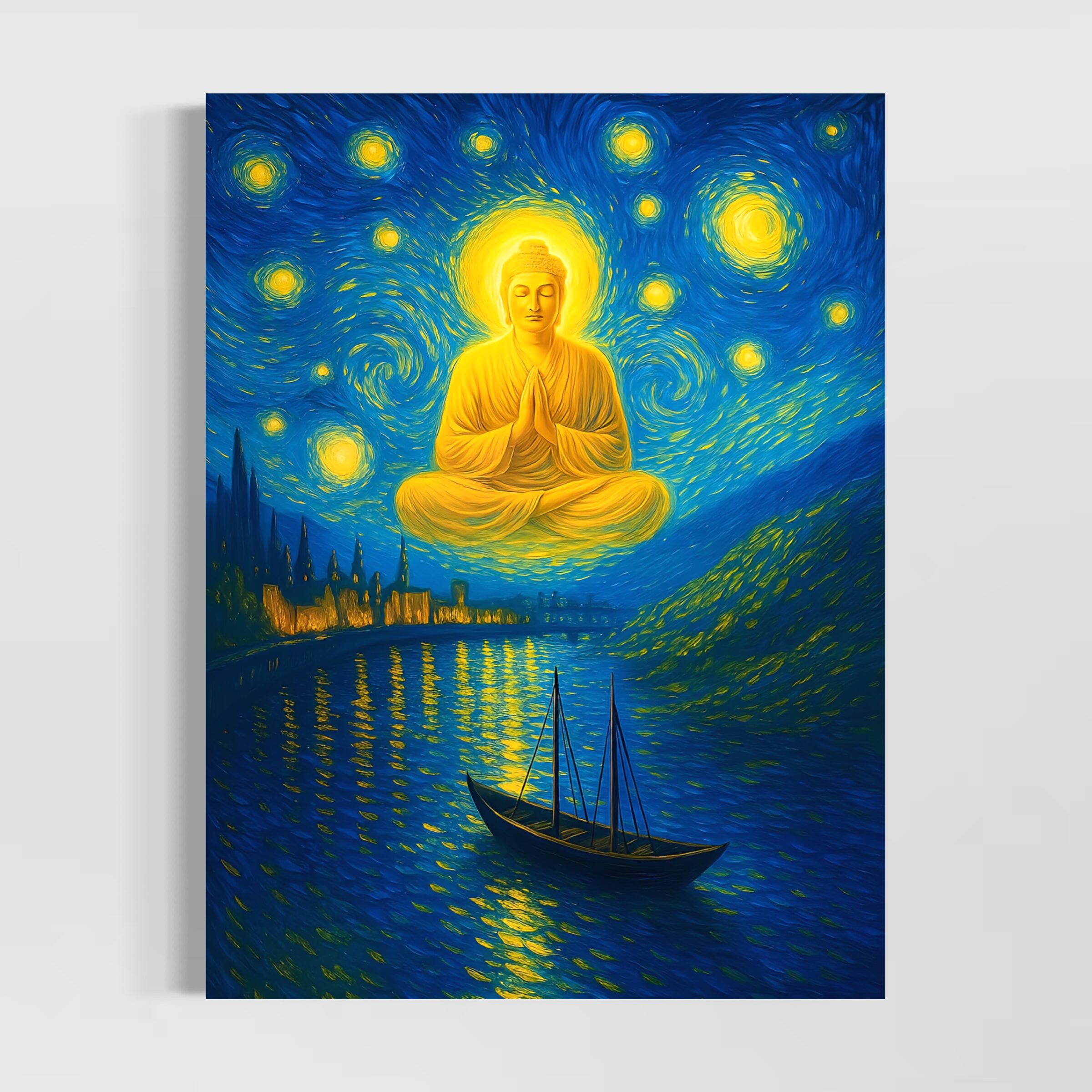 Tableau Éveil Céleste – Bouddha Zen et Nuit Étoilée Tableau Éveil Céleste représentant un Bouddha en méditation sous un ciel étoilé inspiré de la Nuit Étoilée