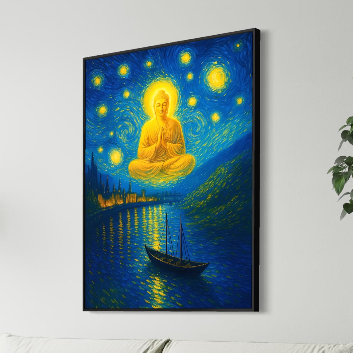 Tableau Éveil Céleste – Bouddha Zen et Nuit Étoilée Tableau bouddha zen Éveil Céleste dans un salon moderne avec décoration spirituelle et ambiance relaxante
