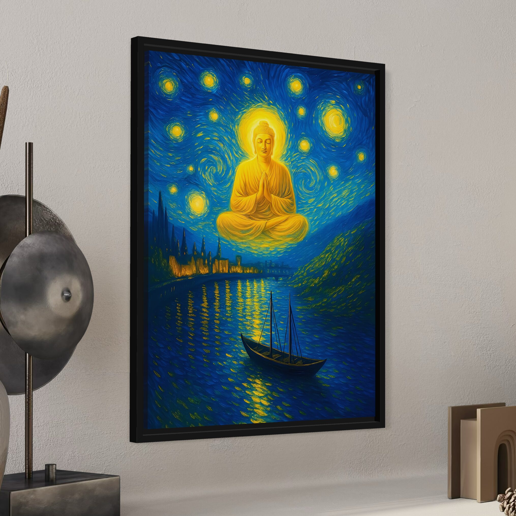 Tableau Éveil Céleste – Bouddha Zen et Nuit Étoilée Tableau Éveil Céleste avec Bouddha en méditation sous un ciel étoilé dans un salon moderne et zen