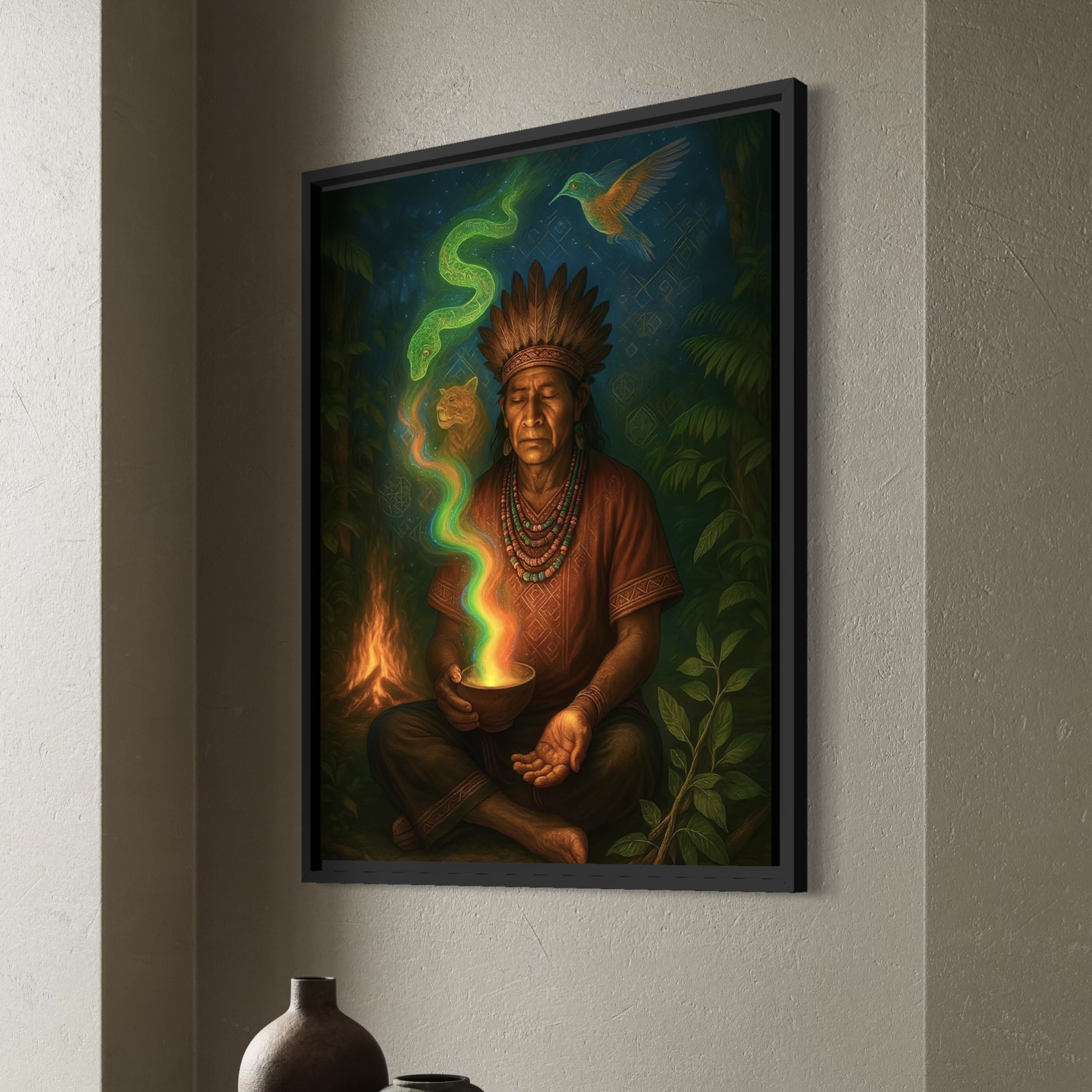 Tableau Chaman Amazonien Vision Ancestrale | SPEKTRA Tableau Vision Ancestrale représentant un chaman amazonien en méditation dans la jungle sacrée entouré d’un serpent lumineux, d’un oiseau totem et d’un félin spirituel.