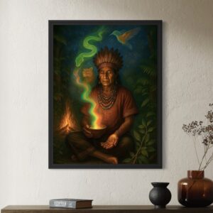 Tableau Vision Ancestrale représentant un chaman amazonien méditant dans la jungle entouré d’un serpent spirituel, d’un oiseau totem et d’un félin protecteur.