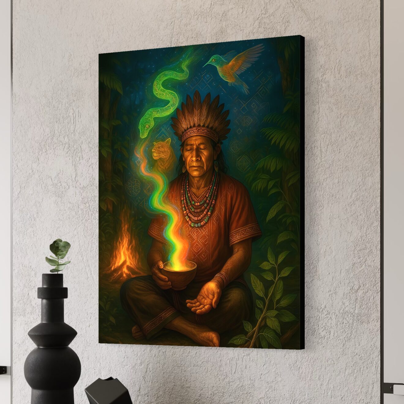 Tableau Chaman Amazonien Vision Ancestrale | SPEKTRA Tableau Vision Ancestrale représentant un chaman amazonien en méditation dans une jungle mystique entouré d’un serpent lumineux, d’un oiseau totem et d’un félin spirituel.