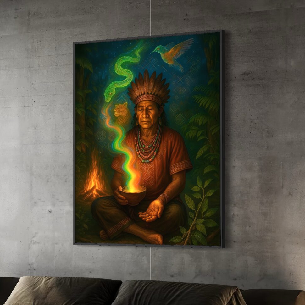 Tableau Chaman Amazonien Vision Ancestrale | SPEKTRA Tableau Vision Ancestrale représentant un chaman amazonien en méditation entouré d’un serpent lumineux, d’un oiseau totem et d’un félin spirituel dans une jungle mystique.