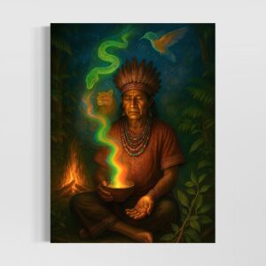 Tableau Vision Ancestrale représentant un chaman amazonien entouré d’animaux totems et de symboles spirituels dans une forêt mystique.