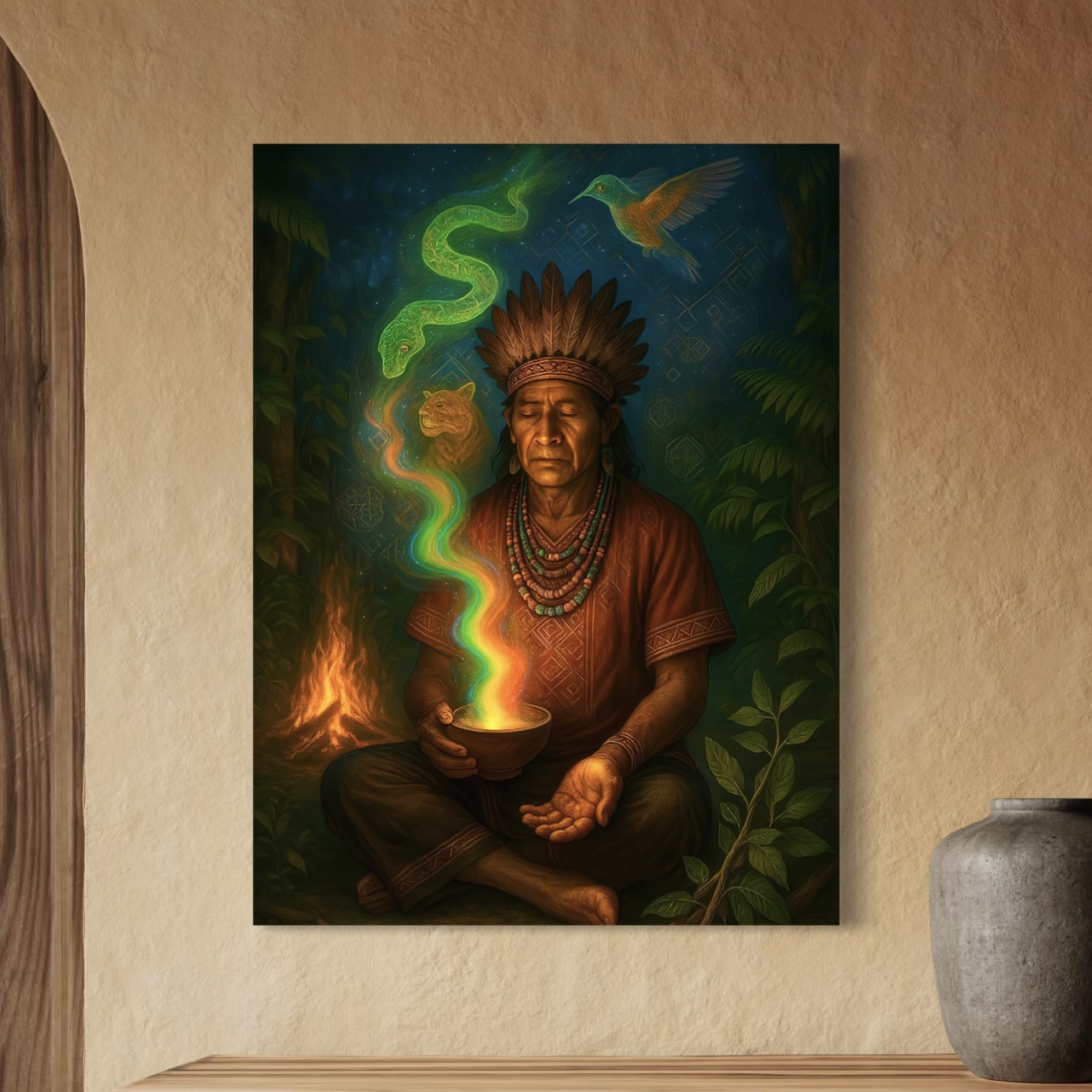 Tableau Chaman Amazonien Vision Ancestrale | SPEKTRA Tableau Vision Ancestrale représentant un chaman amazonien en méditation entouré d’un serpent sacré, d’un oiseau totem et d’un félin spirituel dans la jungle.