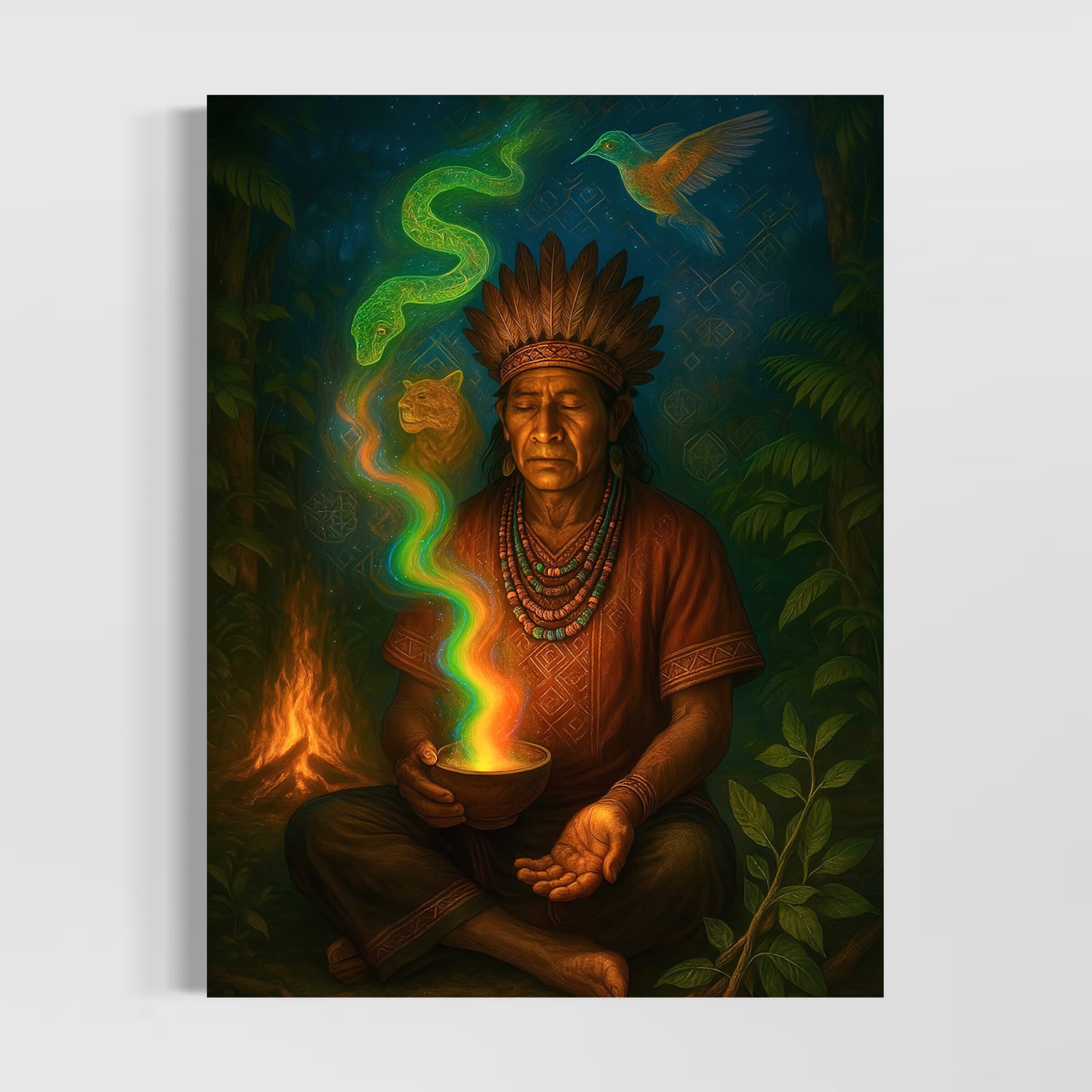 Tableau Chaman Amazonien Vision Ancestrale | SPEKTRA Tableau Vision Ancestrale représentant un chaman amazonien entouré d’animaux totems et de symboles spirituels dans une forêt mystique.