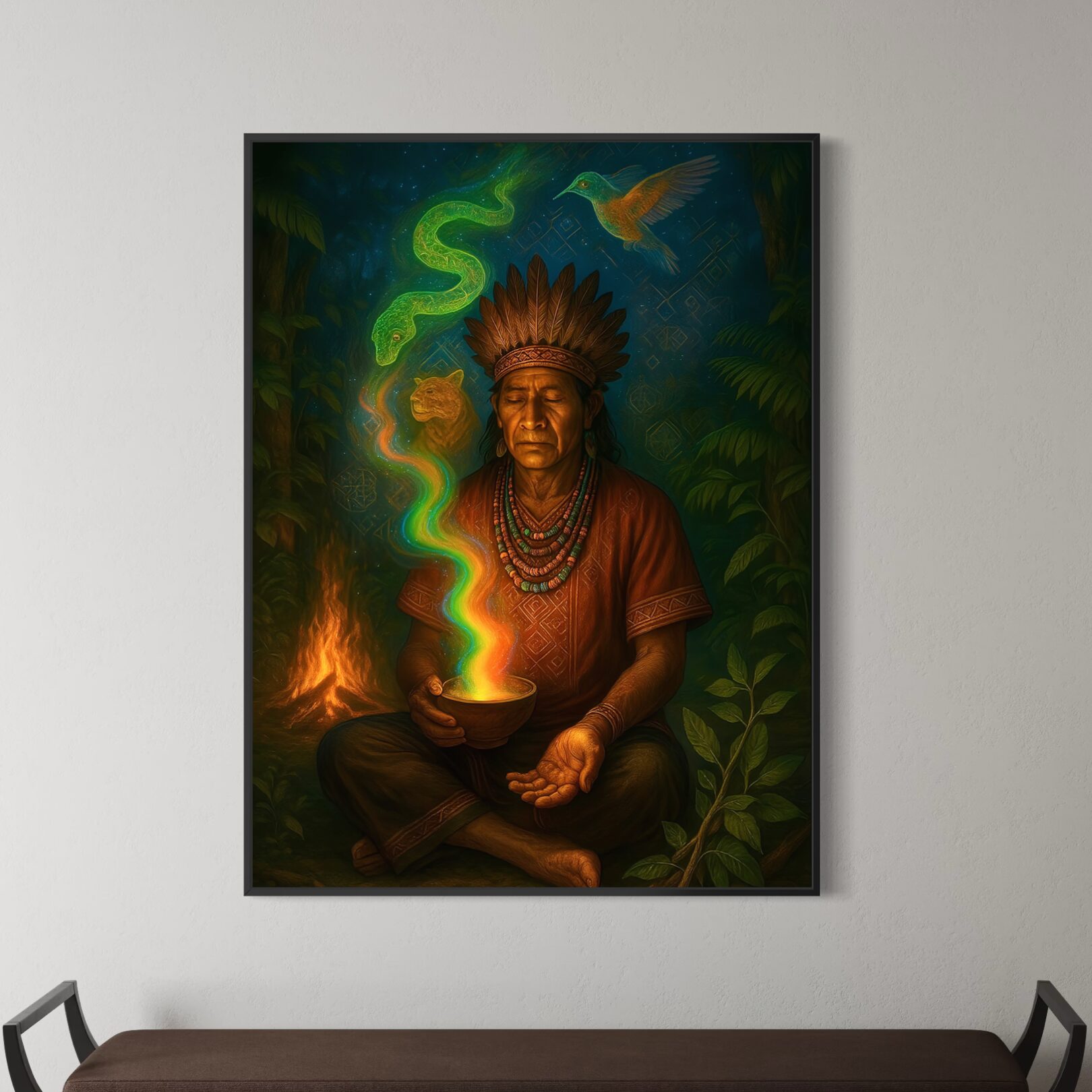 Tableau Chaman Amazonien Vision Ancestrale | SPEKTRA Tableau Vision Ancestrale représentant un chaman amazonien en méditation dans une jungle sacrée entouré d’un serpent lumineux, d’un oiseau totem et d’un félin spirituel.