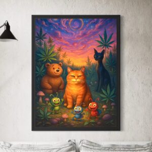 Tableau Champ Perché encadré en noir, représentant un chat roux, un ours, un chat noir et des insectes colorés dans une forêt féerique.