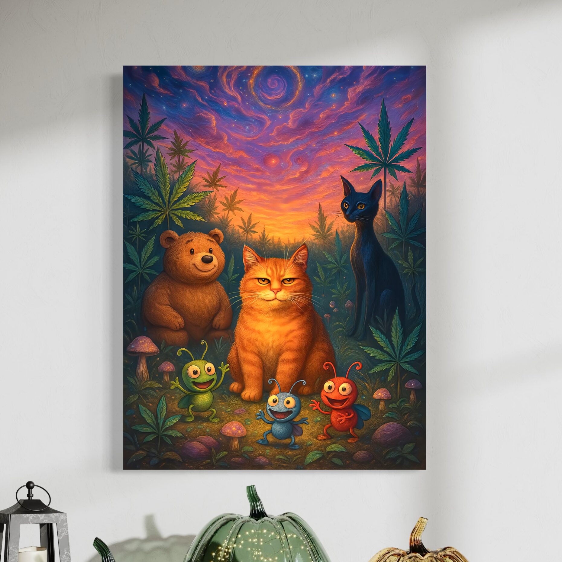Tableau Champ Perché – Chat Roux et Forêt Féerique Tableau Champ Perché installé dans une décoration d’automne, représentant un chat roux, un ours, un chat noir et des insectes colorés dans une forêt féerique.
