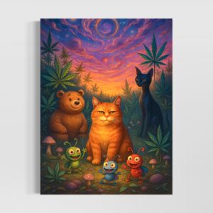 Tableau Champ Perché représentant un chat roux, un ours, un chat noir et des insectes colorés dans une forêt féerique au coucher du soleil.