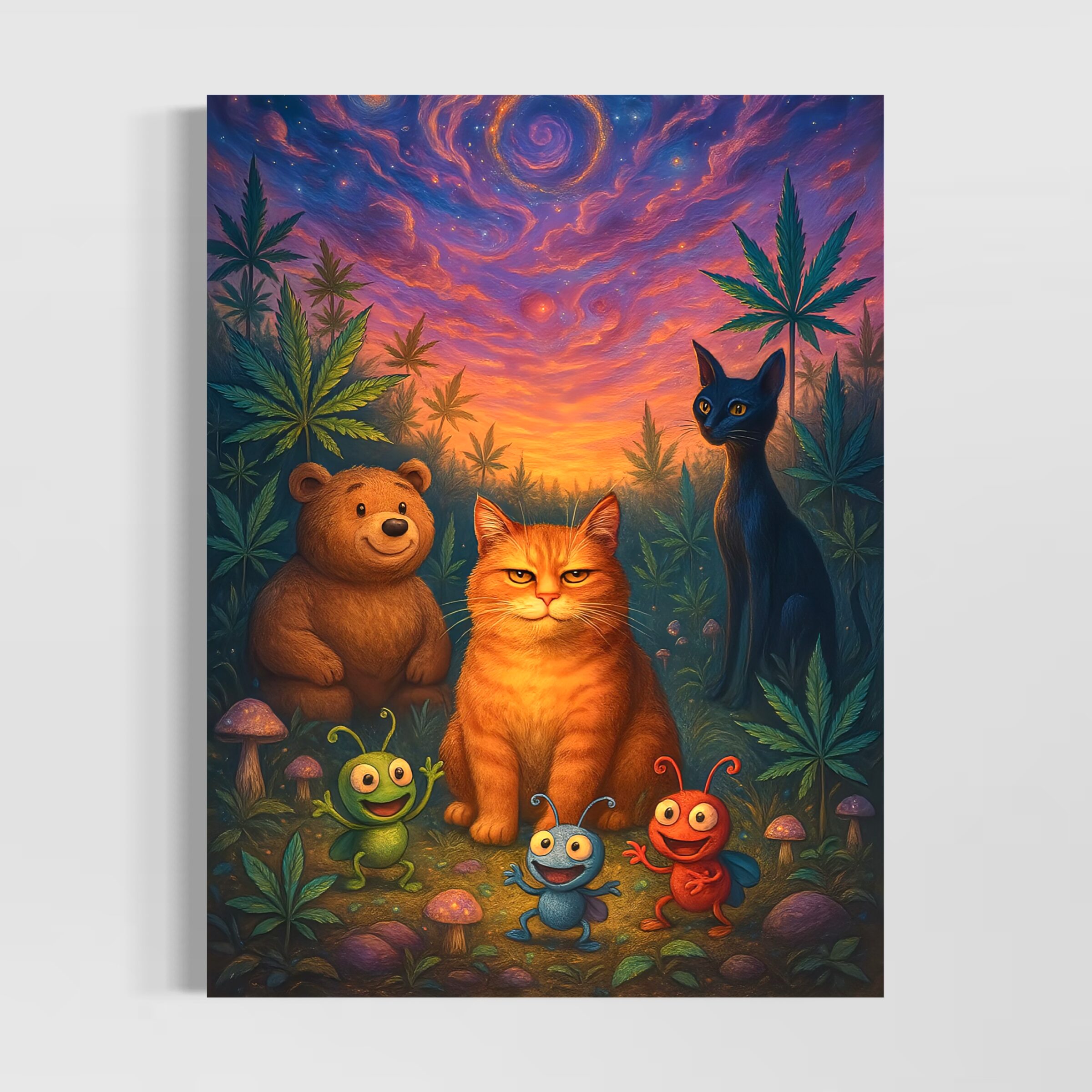 Tableau Champ Perché – Chat Roux et Forêt Féerique Tableau Champ Perché représentant un chat roux, un ours, un chat noir et des insectes colorés dans une forêt féerique au coucher du soleil.