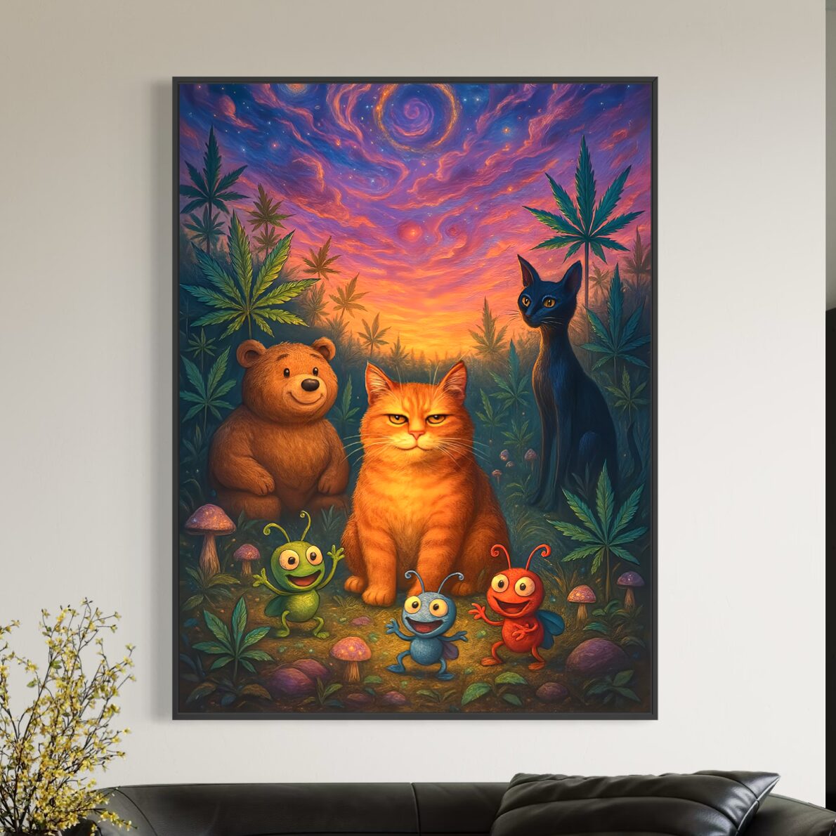 Tableau Champ Perché – Chat Roux et Forêt Féerique Tableau Champ Perché installé au-dessus d’un canapé noir, représentant un chat roux, un ours, un chat noir et des insectes colorés dans une forêt féerique.
