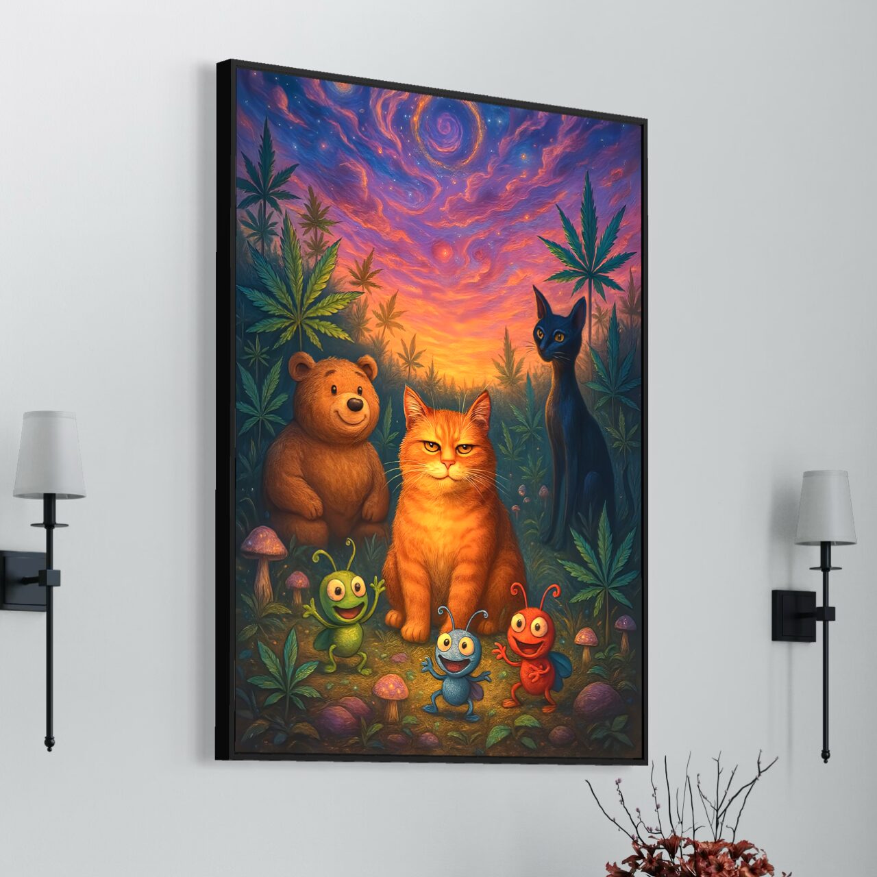 Tableau Champ Perché – Chat Roux et Forêt Féerique Tableau Champ Perché en vue latérale entre deux appliques murales, représentant un chat roux, un ours, un chat noir et des insectes colorés dans une forêt féerique.