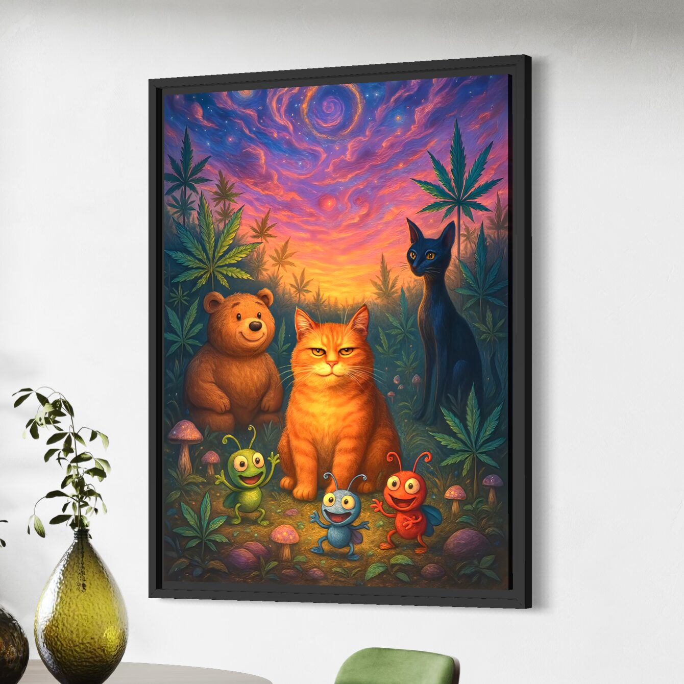 Tableau Champ Perché – Chat Roux et Forêt Féerique Tableau Champ Perché en vue latérale avec cadre noir, représentant un chat roux, un ours, un chat noir et des insectes colorés dans une forêt féerique.