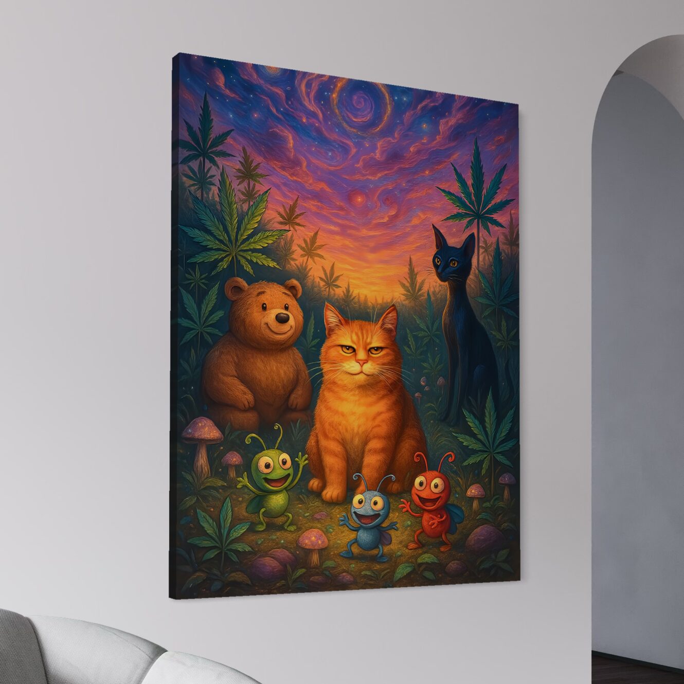 Tableau Champ Perché – Chat Roux et Forêt Féerique Tableau Champ Perché en vue latérale dans un intérieur moderne, représentant un chat roux, un ours, un chat noir et des insectes colorés dans une forêt féerique.