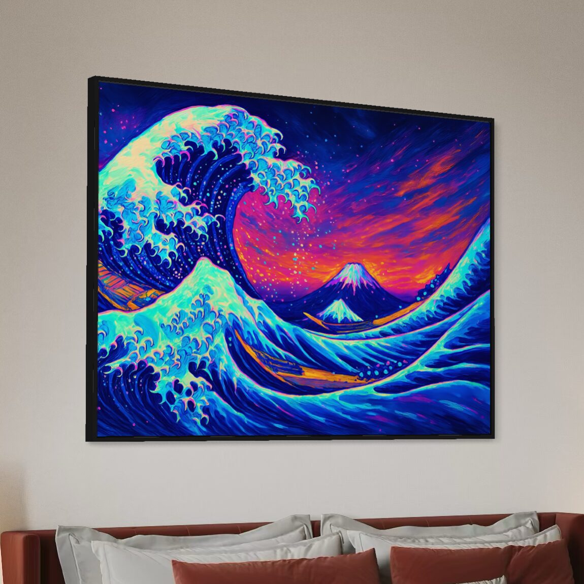Tableau Vague Japonaise Néon et Mont Fuji – Chant des Abysses Vue en perspective du tableau Chant des Abysses représentant une vague japonaise néon et le mont Fuji dans un paysage marin contemporain