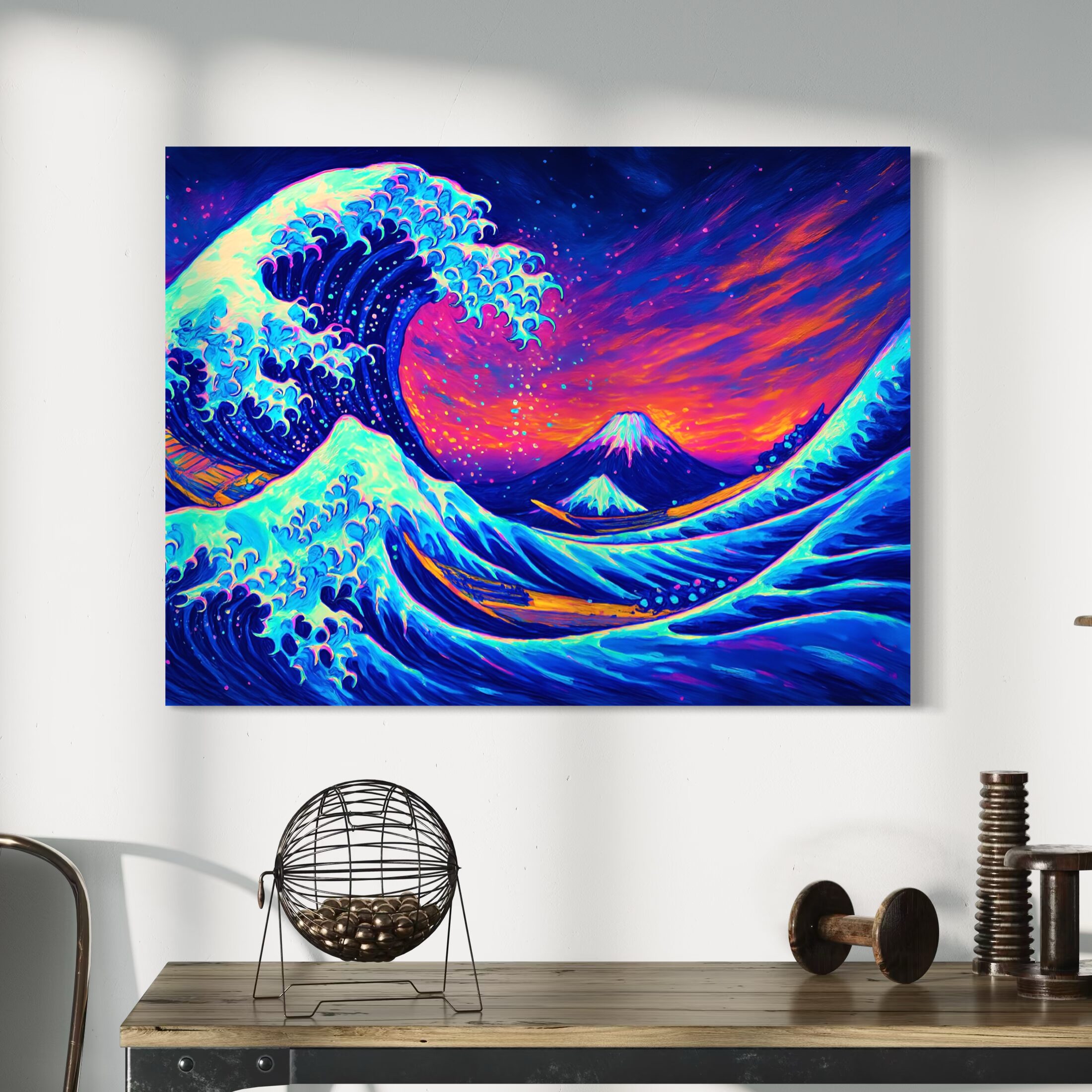 Tableau Vague Japonaise Néon et Mont Fuji – Chant des Abysses Tableau Chant des Abysses dans un bureau moderne représentant une vague japonaise néon avec le mont Fuji et un paysage marin contemporain