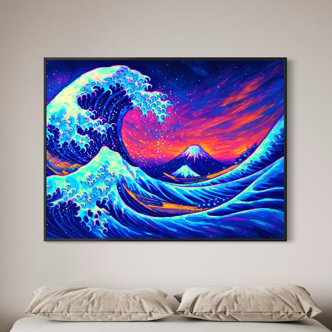 Tableau Vague Japonaise Néon et Mont Fuji – Chant des Abysses Tableau Chant des Abysses au-dessus d’un lit dans une chambre moderne avec vague japonaise néon, mont Fuji et ciel coloré inspiré de l’art contemporain