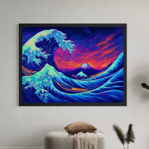 Accueil Tableau Chant des Abysses encadré représentant une vague japonaise néon avec le mont Fuji dans un paysage marin inspiré de l’art contemporain