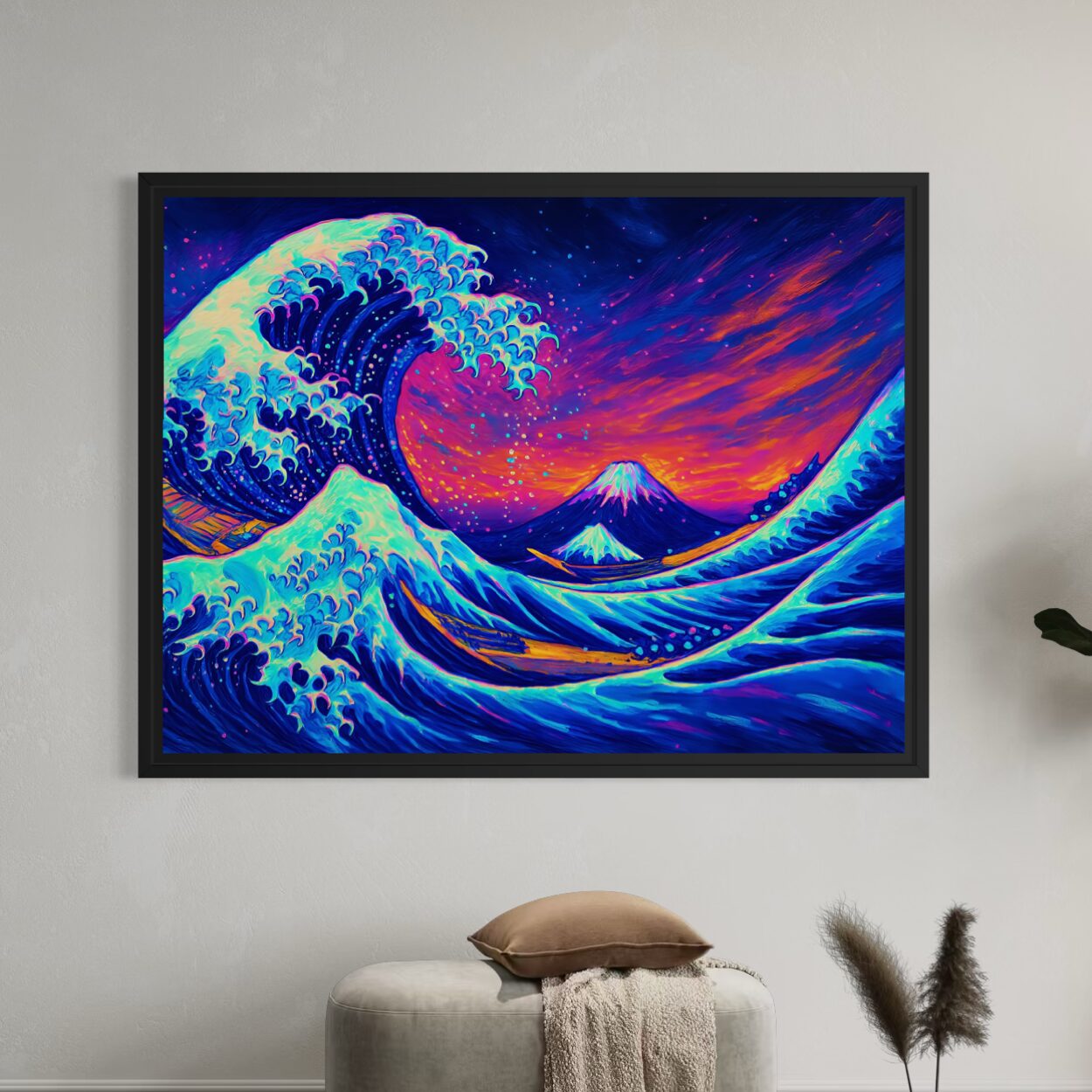 Tableau Vague Japonaise Néon et Mont Fuji – Chant des Abysses Tableau Chant des Abysses encadré représentant une vague japonaise néon avec le mont Fuji dans un paysage marin inspiré de l’art contemporain