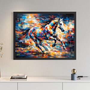 Accueil Tableau Élan Sauvage encadré noir représentant un cheval coloré en plein galop, avec formes abstraites, mouvement dynamique et couleurs vives dans une décoration murale moderne.