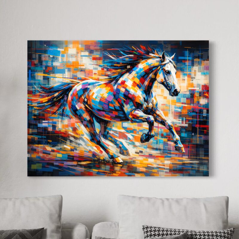 Tableau Cheval Coloré – Élan Sauvage Tableau Élan Sauvage représentant un cheval coloré en plein galop, avec art abstrait moderne, couleurs vives, mouvement dynamique et décoration murale de salon.