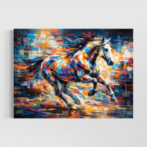 Accueil Tableau Élan Sauvage représentant un cheval coloré en plein galop, avec touches abstraites, couleurs vives, mouvement dynamique et ambiance artistique contemporaine.