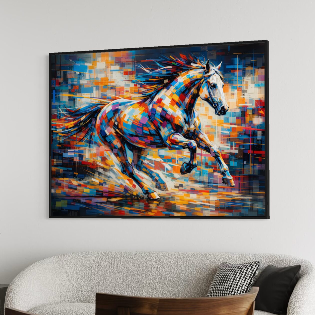 Tableau Cheval Coloré – Élan Sauvage Tableau Élan Sauvage représentant un cheval coloré en plein galop, avec formes abstraites, couleurs vives et mouvement dynamique dans une décoration de salon moderne.
