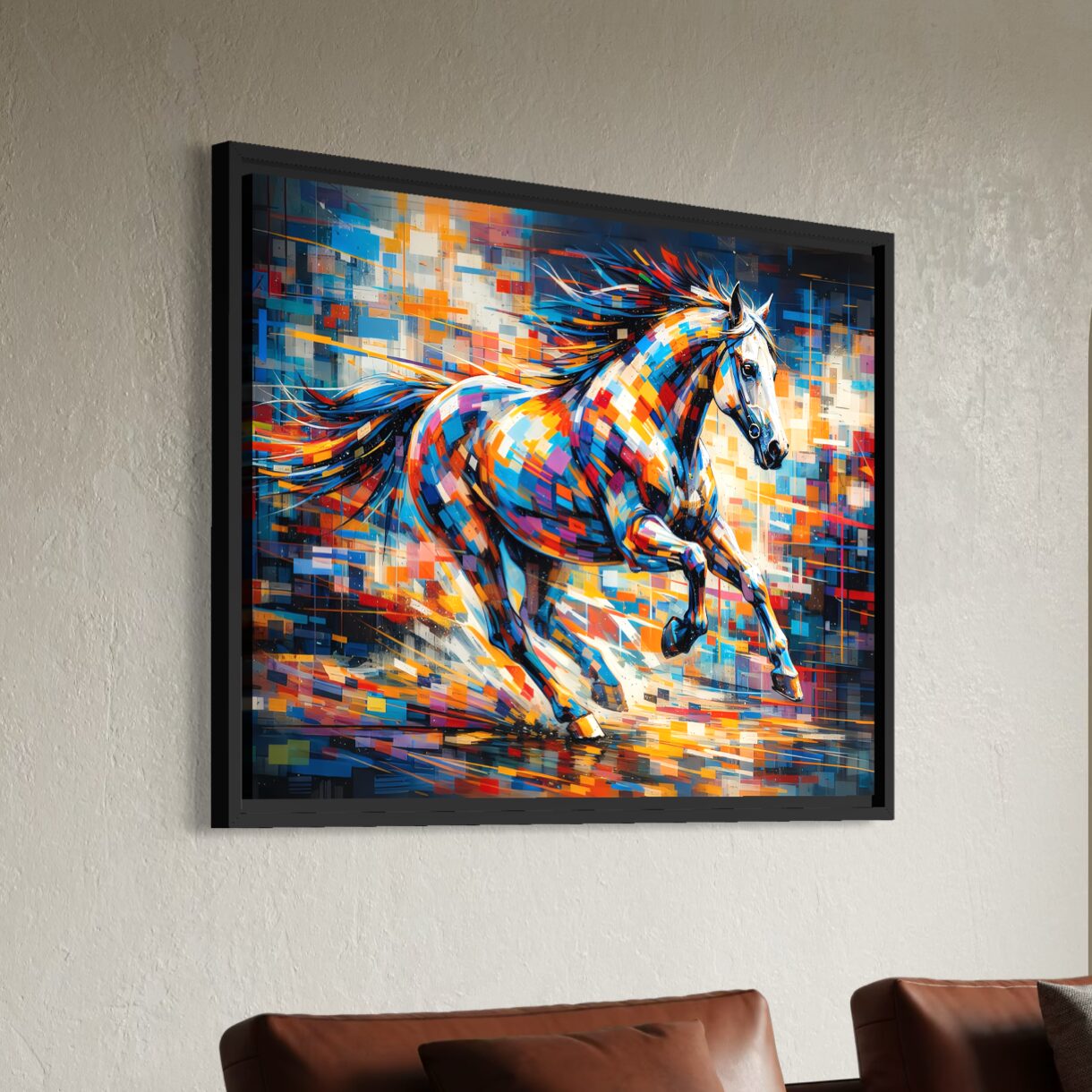 Tableau Cheval Coloré – Élan Sauvage Vue latérale du tableau Élan Sauvage encadré noir représentant un cheval coloré en plein galop, avec mouvement dynamique, formes abstraites et couleurs vives dans un salon moderne.