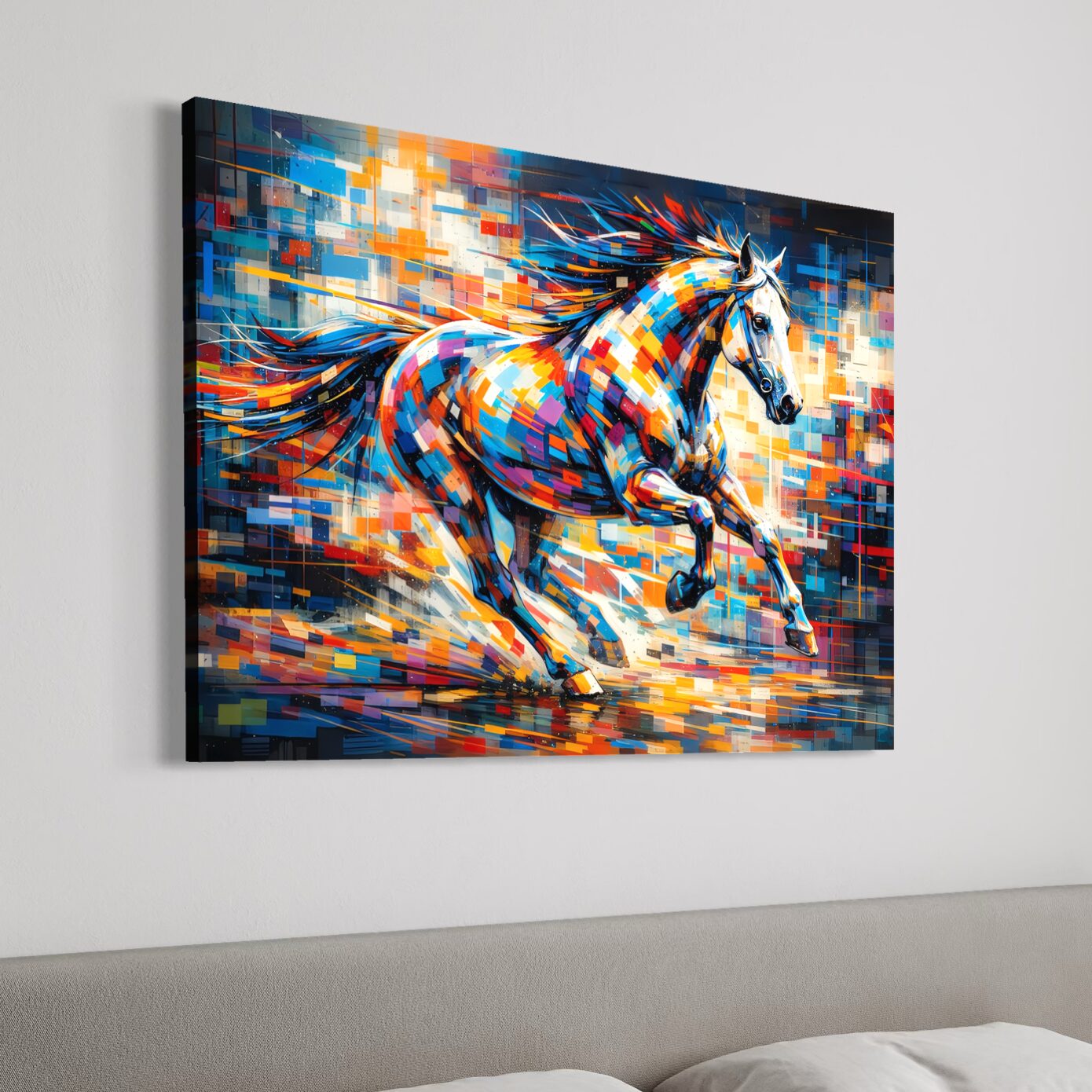 Tableau Cheval Coloré – Élan Sauvage Vue latérale du tableau Élan Sauvage représentant un cheval coloré en plein galop, avec art abstrait moderne, couleurs vives et mouvement dynamique dans une décoration de chambre.