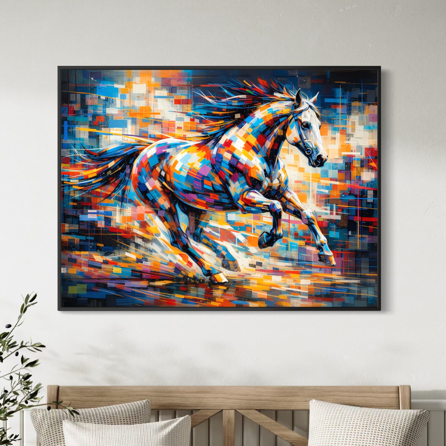Tableau Cheval Coloré – Élan Sauvage Tableau Élan Sauvage encadré noir représentant un cheval coloré en plein galop, avec art abstrait moderne, couleurs vives et mouvement dynamique dans une décoration murale de chambre.