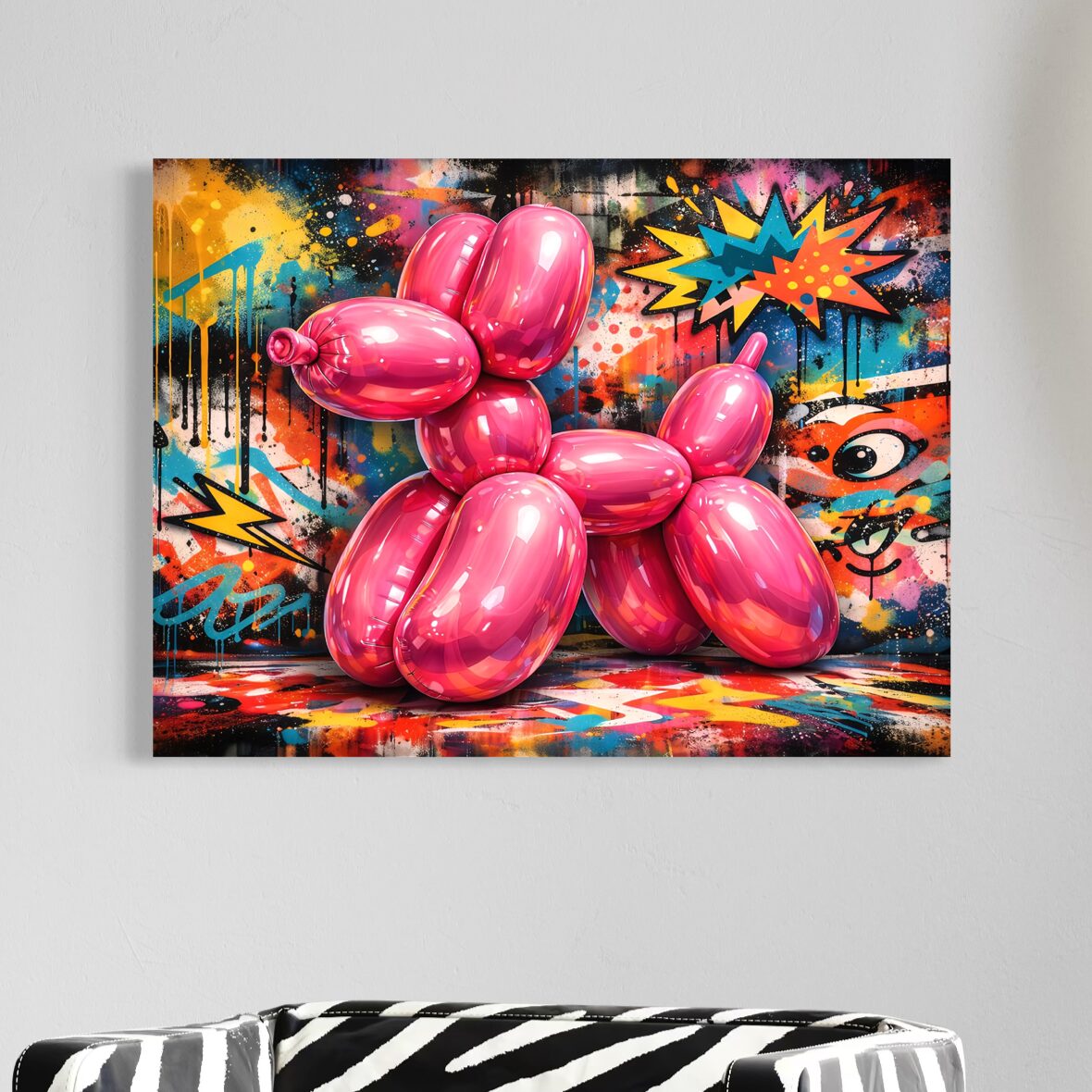 Tableau Pink Icon représentant un chien ballon rose brillant sur fond graffiti coloré, avec style pop art, street art et décoration murale design.
