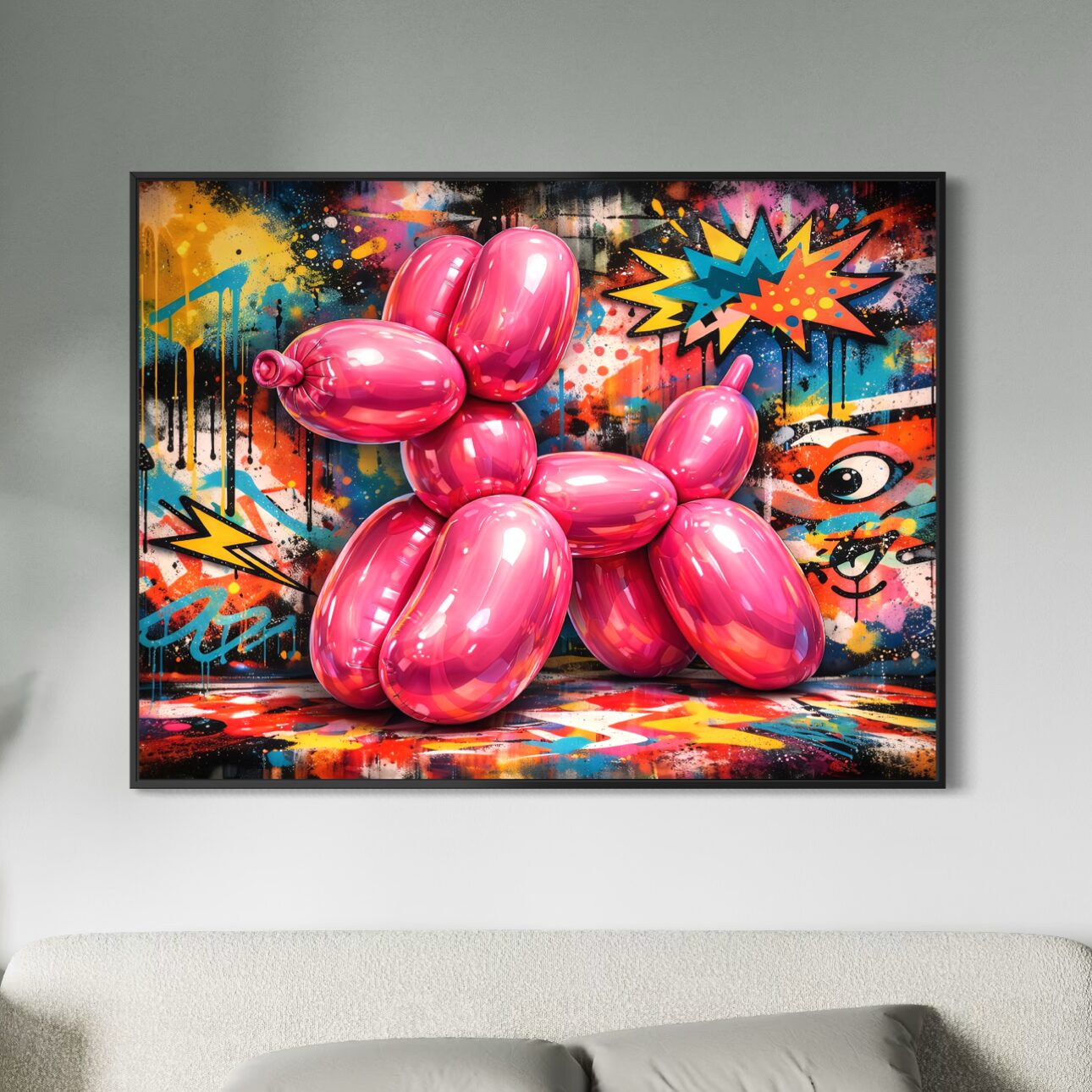 Tableau Pink Icon représentant un chien ballon rose brillant, avec fond graffiti coloré, style pop art et ambiance street art dans une décoration murale moderne.