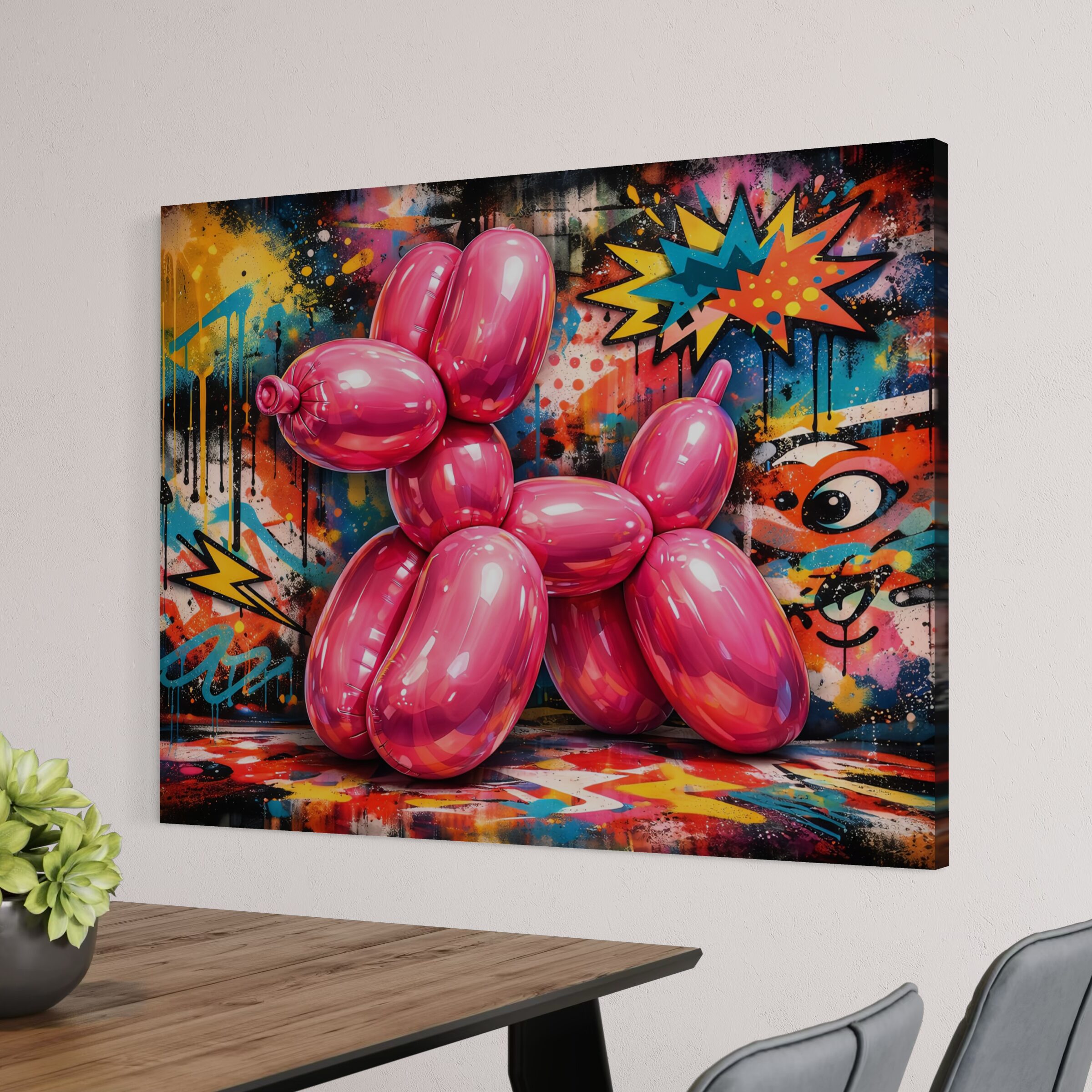 Vue latérale du tableau Pink Icon représentant un chien ballon rose brillant sur fond graffiti coloré, avec style pop art, street art et décoration murale de salle à manger moderne.