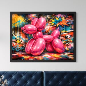 Tableau Pink Icon encadré noir représentant un chien ballon rose brillant, avec fond graffiti coloré, style pop art et ambiance street art dans une décoration de salon moderne.