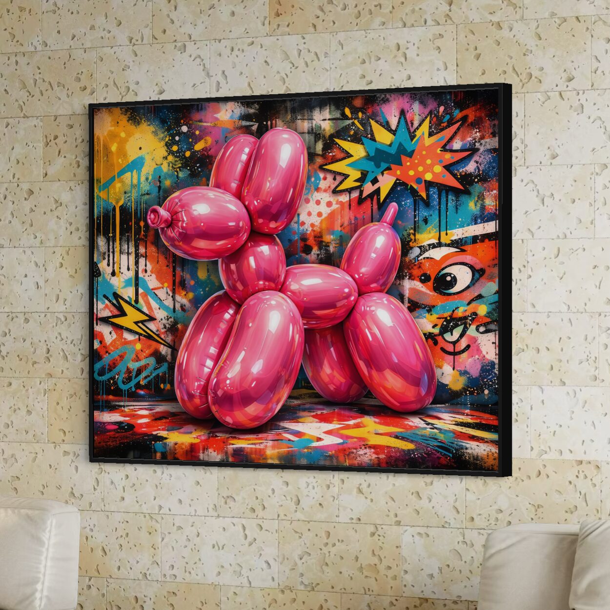 Tableau Pink Icon encadré noir représentant un chien ballon rose brillant sur fond graffiti coloré, avec style pop art, street art et décoration murale moderne sur mur en pierre.