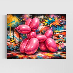 Tableau Pink Icon représentant un chien ballon rose brillant dans un univers pop art et street art coloré, avec graffitis, éclats graphiques et ambiance urbaine moderne.