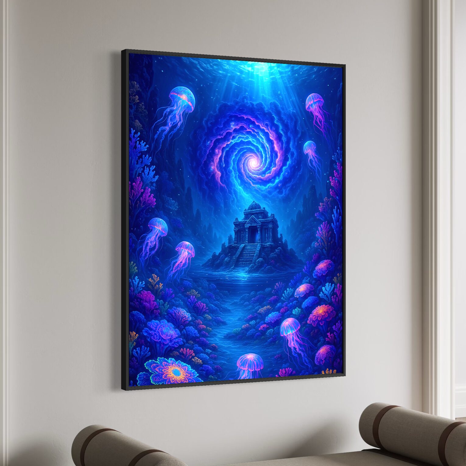Tableau Monde Sous-Marin Appel des Abysses – Océan Fantastique | SPEKTRA Tableau cité engloutie Appel des Abysses avec méduses fluorescentes, temple sous-marin et vortex lumineux dans les profondeurs océaniques