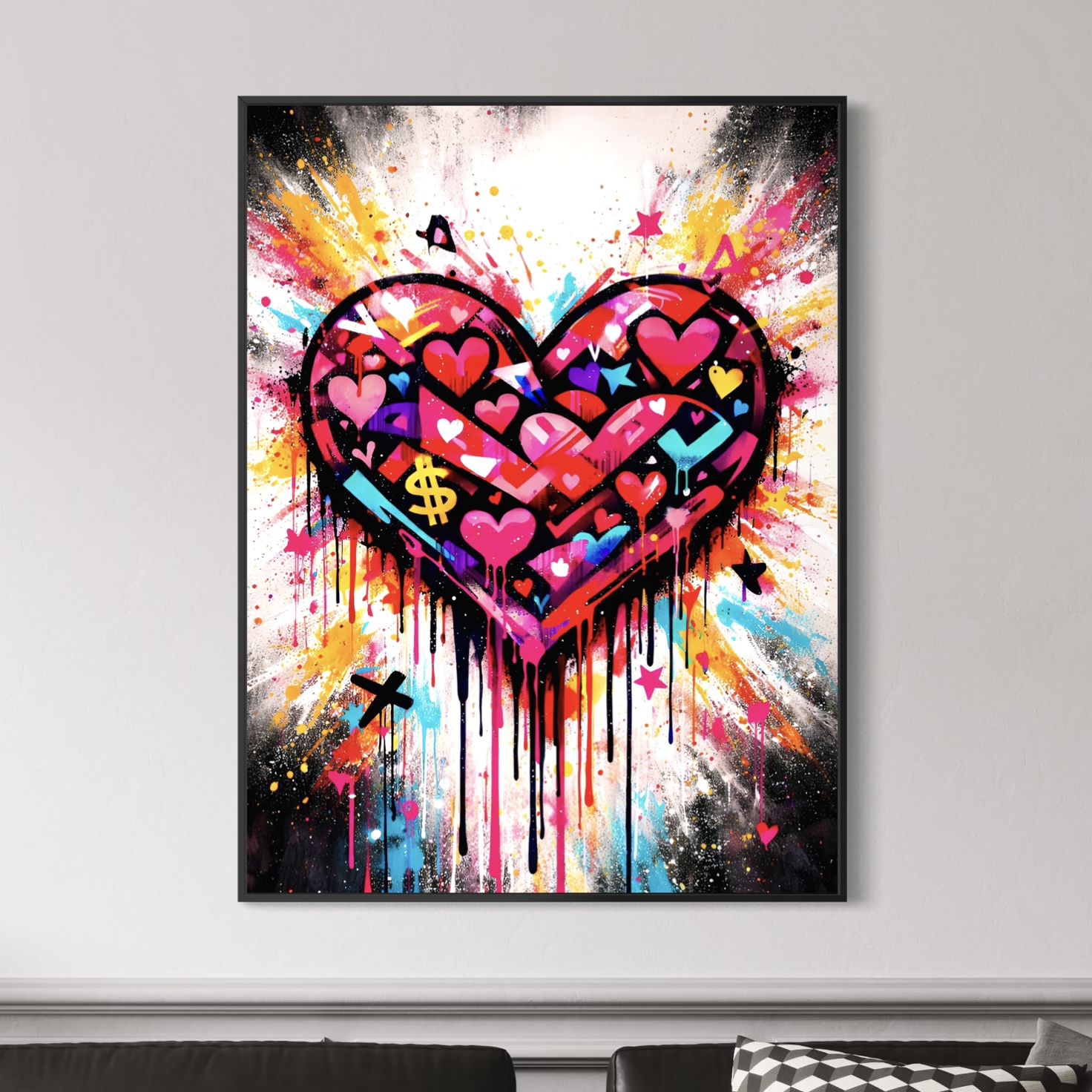 Tableau Cœur Rebelle encadré noir installé dans un salon moderne, représentant un grand cœur graffiti coloré avec coulures de peinture, symboles pop et énergie street art.