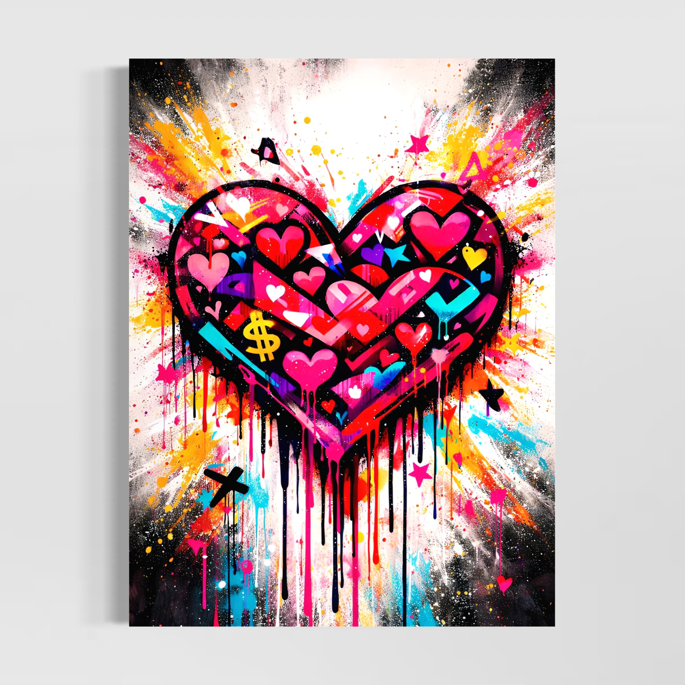 Tableau Cœur Rebelle représentant un grand cœur graffiti coloré avec coulures de peinture, symboles urbains, éclats vifs et énergie street art dans une atmosphère pop et contemporaine.