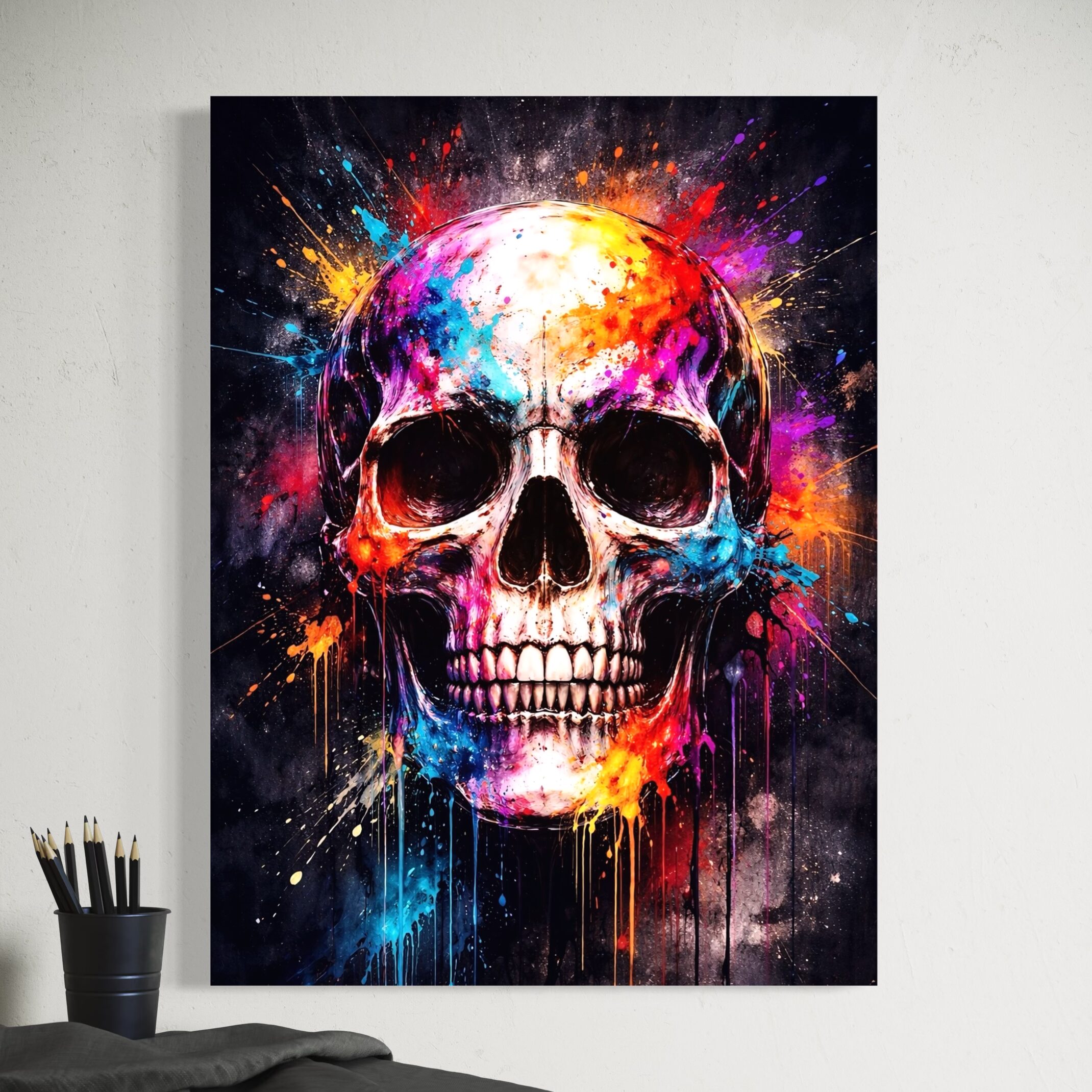 Tableau Crâne Coloré Street Art – Fracas Silencieux Tableau crâne coloré Fracas Silencieux, une œuvre street art moderne avec éclaboussures multicolores, coulures de peinture et fond noir pour une décoration de bureau.