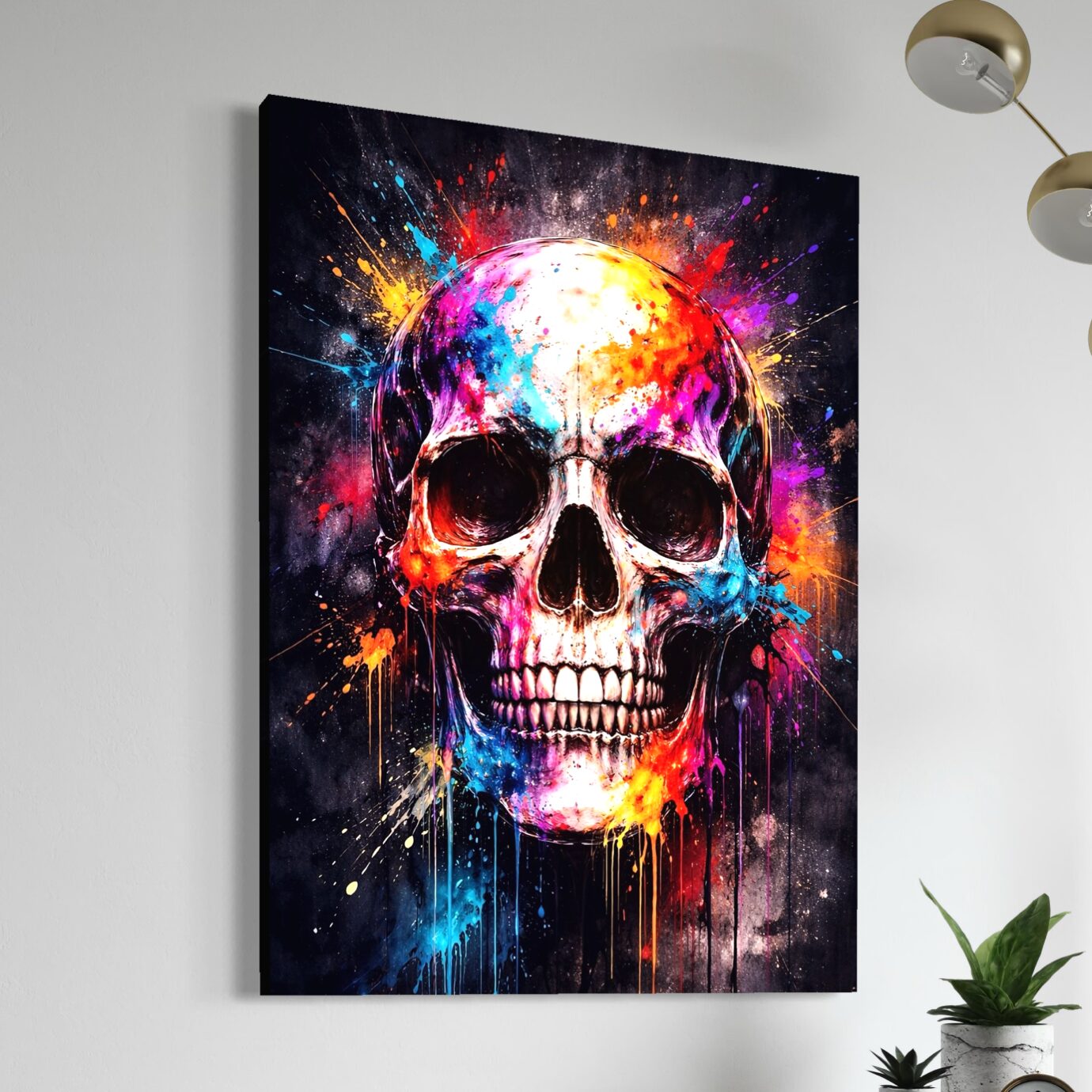 Tableau Crâne Coloré Street Art – Fracas Silencieux Vue latérale du tableau crâne coloré Fracas Silencieux, une œuvre street art moderne avec éclaboussures multicolores, coulures de peinture et fond noir intense.