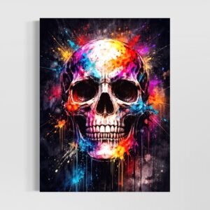 Tableau crâne coloré Fracas Silencieux, une œuvre street art moderne avec éclaboussures de peinture, coulures multicolores et fond noir intense pour décoration murale contemporaine.