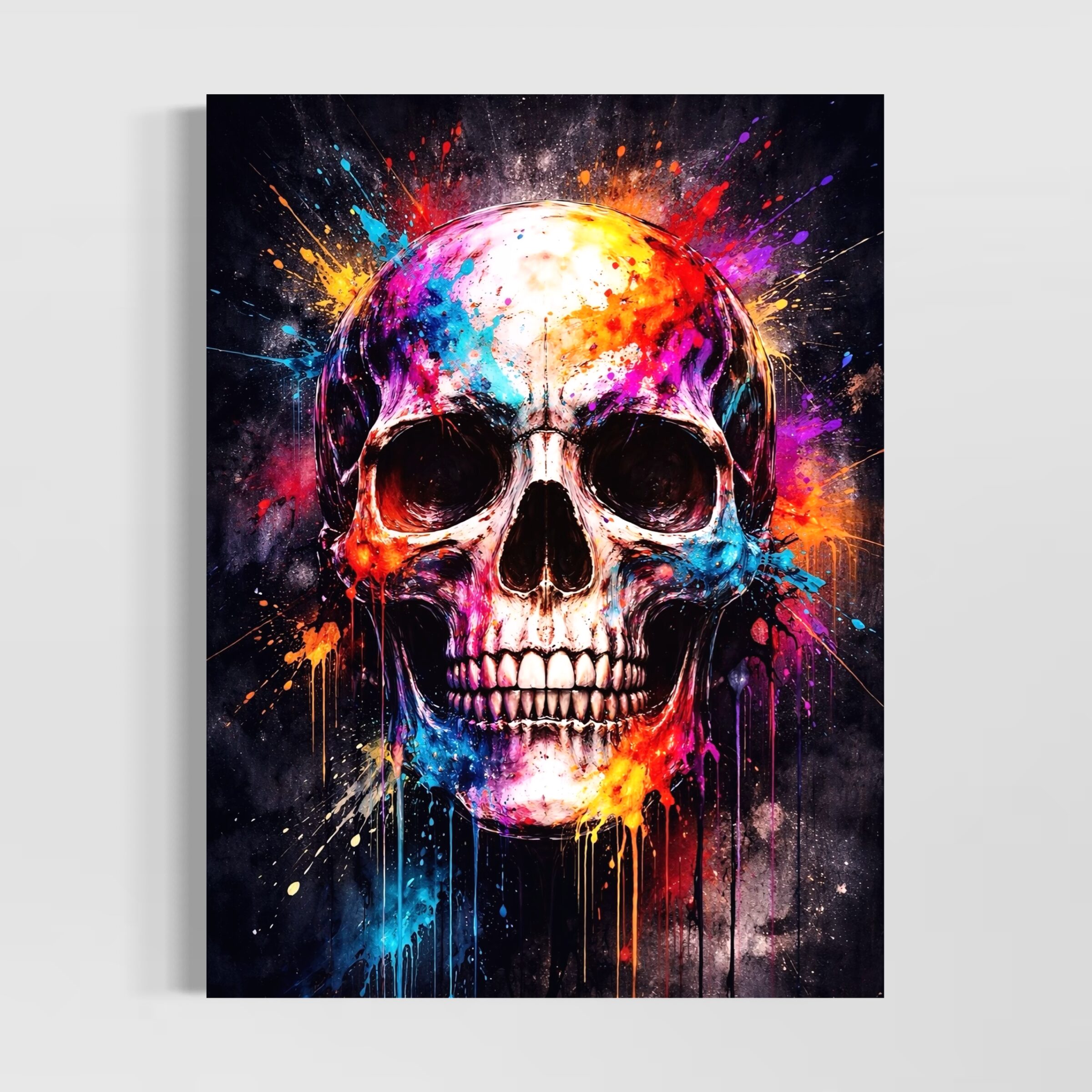 Tableau Crâne Coloré Street Art – Fracas Silencieux Tableau crâne coloré Fracas Silencieux, une œuvre street art moderne avec éclaboussures de peinture, coulures multicolores et fond noir intense pour décoration murale contemporaine.
