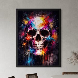 Tableau crâne coloré Fracas Silencieux encadré noir, avec éclaboussures de peinture multicolores, fond sombre et style street art pour une salle à manger moderne.