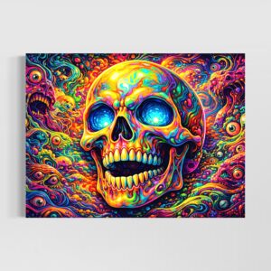 Tableau Crâne Cosmique représentant un crâne psychédélique coloré avec yeux lumineux, formes organiques, créatures fantastiques et univers cosmique dans une atmosphère intense et visionnaire.