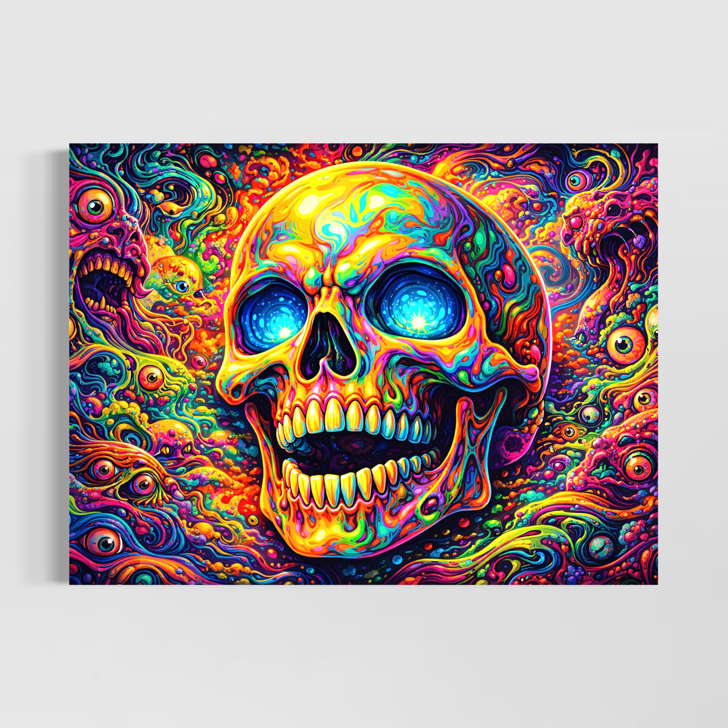 Tableau Crâne Cosmique – Crâne Psychédélique Coloré Tableau Crâne Cosmique représentant un crâne psychédélique coloré avec yeux lumineux, formes organiques, créatures fantastiques et univers cosmique dans une atmosphère intense et visionnaire.