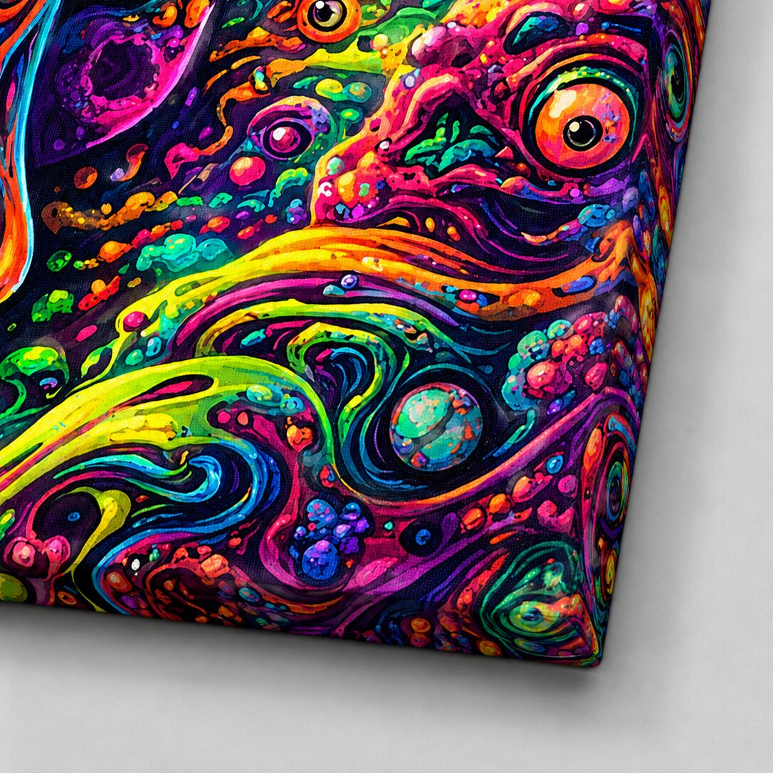 Tableau Crâne Cosmique – Crâne Psychédélique Coloré Détail de la toile Crâne Cosmique mettant en valeur la texture du canvas, les couleurs psychédéliques fluorescentes, les formes cosmiques et les finitions premium du tableau.